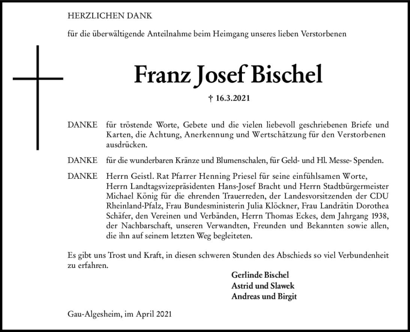  Traueranzeige für Franz Josef Bischel vom 17.04.2021 aus vrm-trauer