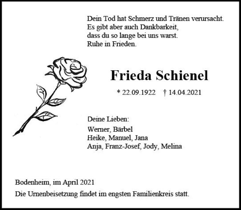  Traueranzeige für Frieda Schienel vom 17.04.2021 aus vrm-trauer