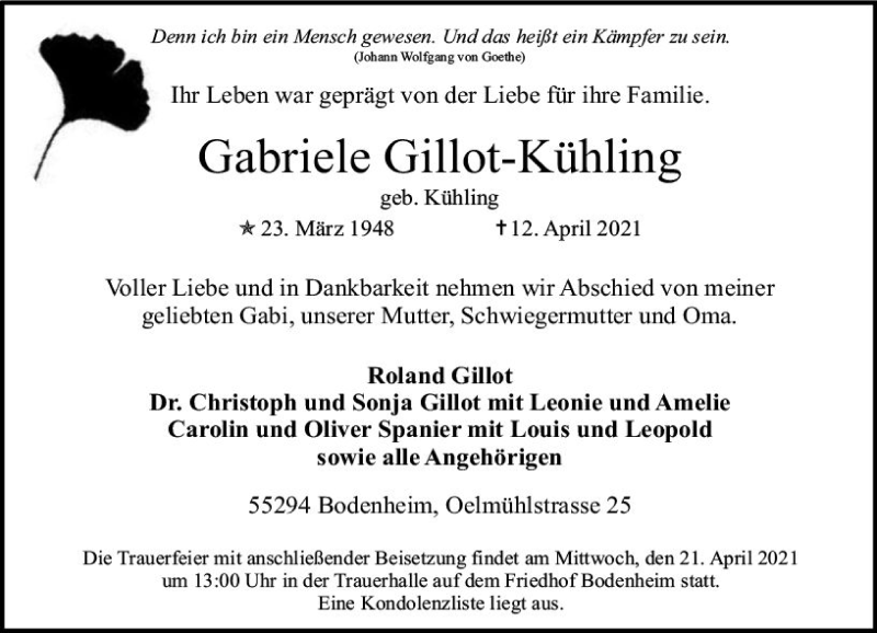  Traueranzeige für Gabriele Gillot-Kühling vom 17.04.2021 aus vrm-trauer