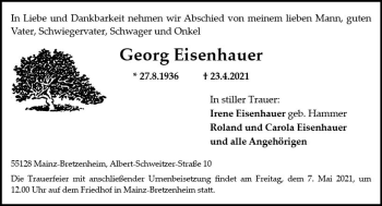 Traueranzeige von Georg Eisenhauer von vrm-trauer