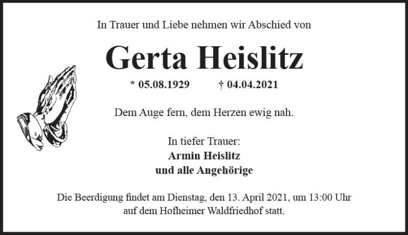  Traueranzeige für Gerta Heislitz vom 09.04.2021 aus vrm-trauer