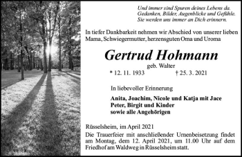 Traueranzeige von Gertrud Hohmann von vrm-trauer