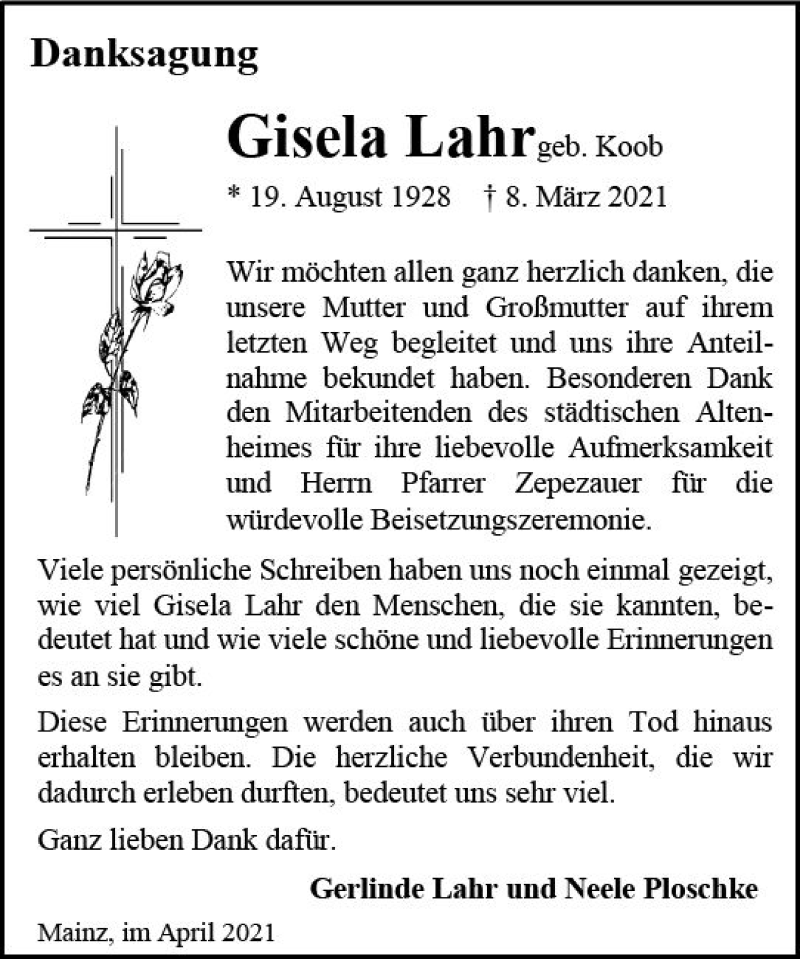  Traueranzeige für Gisela Lahr vom 24.04.2021 aus vrm-trauer
