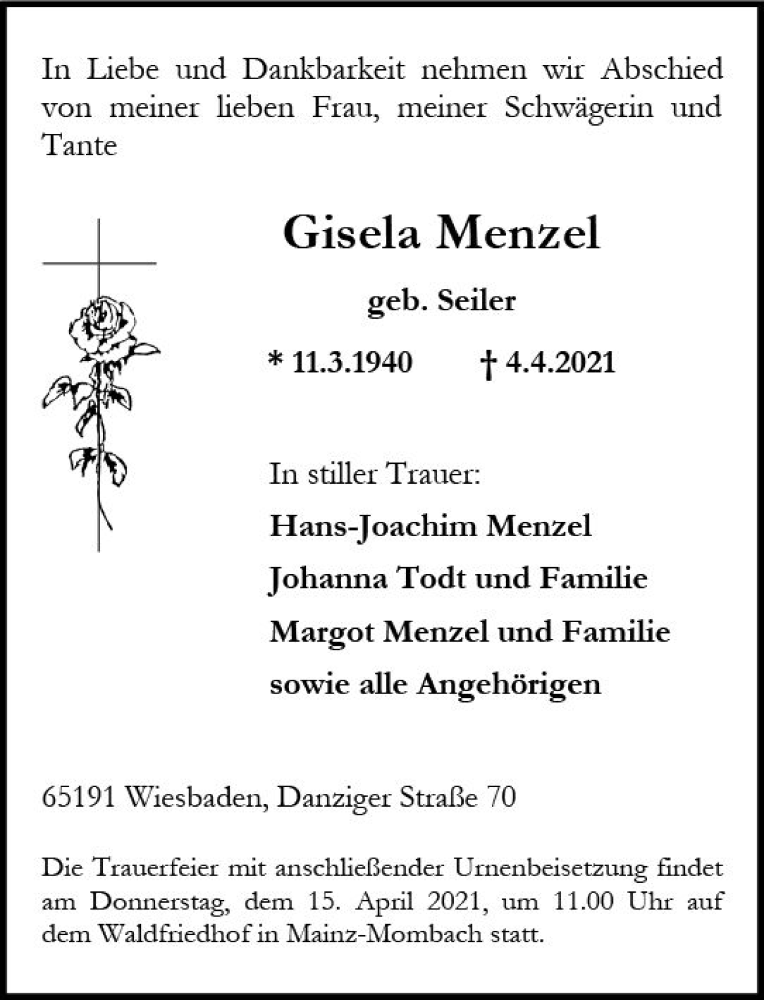  Traueranzeige für Gisela Menzel vom 10.04.2021 aus vrm-trauer