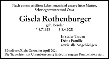Traueranzeige von Gisela Rothenburger von vrm-trauer