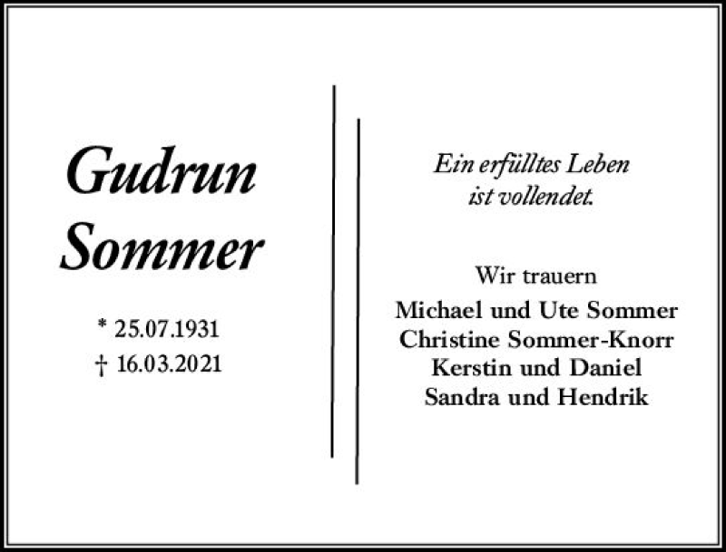  Traueranzeige für Gudrun Sommer vom 03.04.2021 aus vrm-trauer