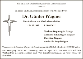 Traueranzeige von Günter Wagner von vrm-trauer