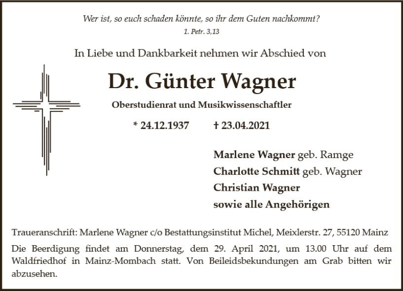  Traueranzeige für Günter Wagner vom 27.04.2021 aus vrm-trauer