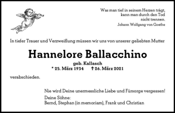 Traueranzeige von Hannelore Ballacchino von vrm-trauer