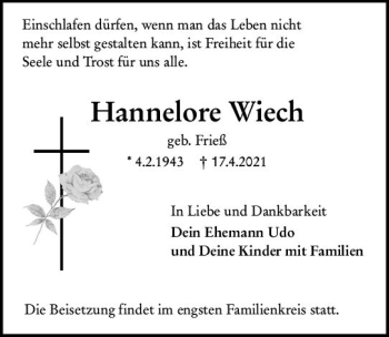 Traueranzeige von Hannelore Wiech von vrm-trauer