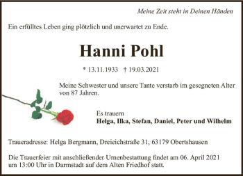 Traueranzeige von Hanni Pohl von vrm-trauer