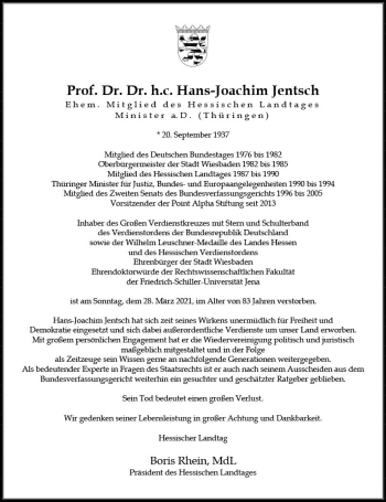 Traueranzeige von Hans-Joachim Jentsch von vrm-trauer