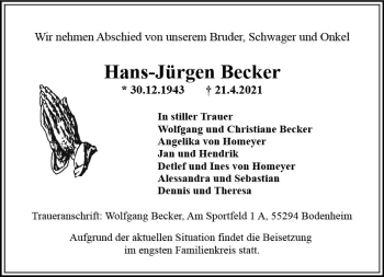 Traueranzeige von Hans-Jürgen Becker von vrm-trauer
