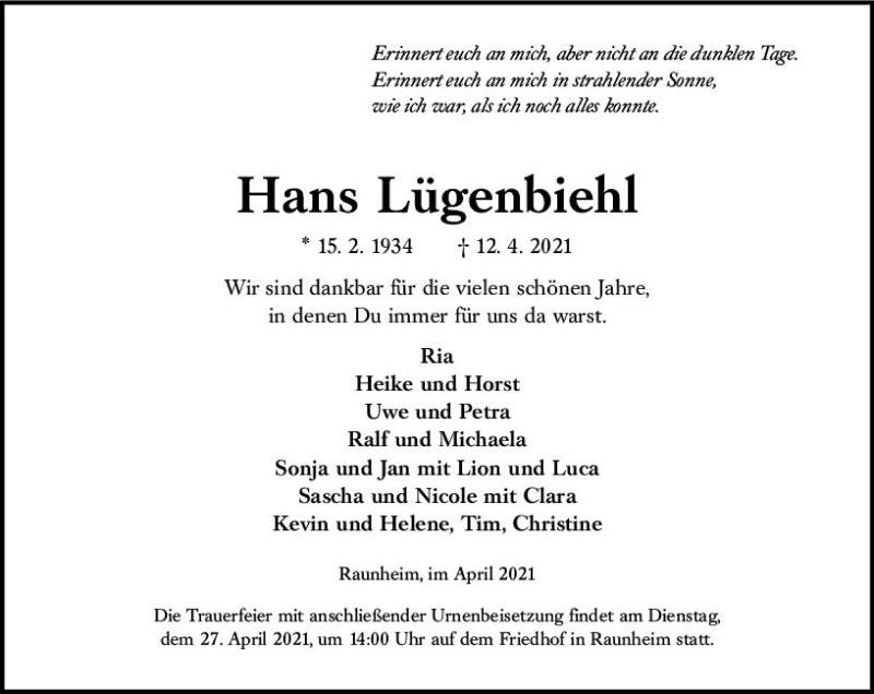  Traueranzeige für Hans Lügenbiehl vom 17.04.2021 aus vrm-trauer