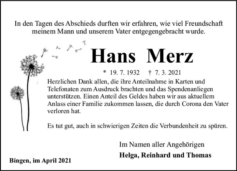  Traueranzeige für Hans Merz vom 10.04.2021 aus vrm-trauer