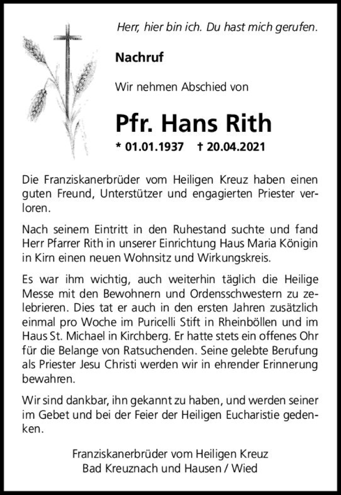  Traueranzeige für Hans Rith vom 29.04.2021 aus vrm-trauer