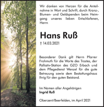 Traueranzeige von Hans Ruß von vrm-trauer