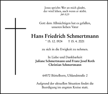 Traueranzeige von Hans Friedrich Schmertmann von vrm-trauer