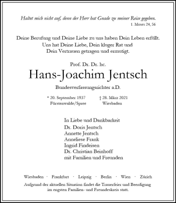 Traueranzeige von Hans Joachim Jentsch von vrm-trauer