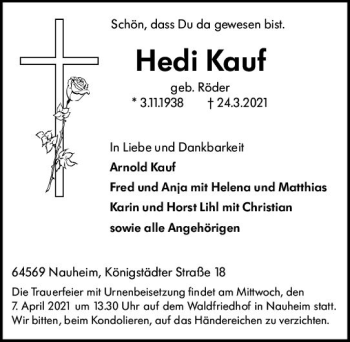 Traueranzeige von Hedi Kauf von vrm-trauer