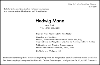 Traueranzeige von Hedwig Mann von vrm-trauer