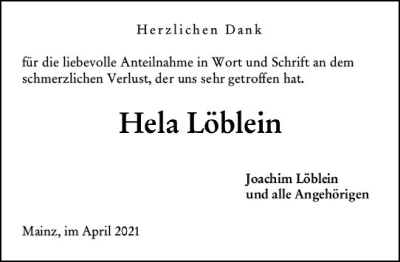  Traueranzeige für Heia Löblein vom 10.04.2021 aus vrm-trauer