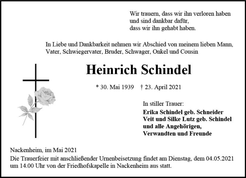  Traueranzeige für Heinrich Schindel vom 30.04.2021 aus vrm-trauer