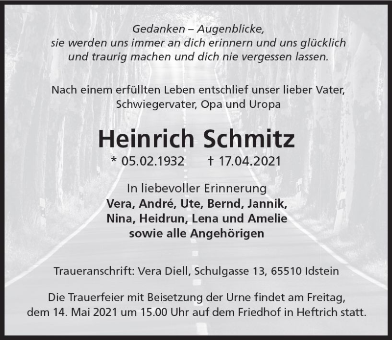 Traueranzeige für Heinrich Schmitz vom 24.04.2021 aus vrm-trauer