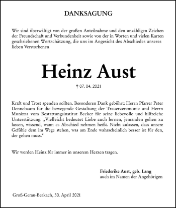 Traueranzeige von Heinz Aust von vrm-trauer