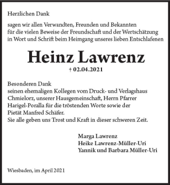 Traueranzeige von Heinz Lawrenz von vrm-trauer
