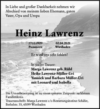 Traueranzeige von Heinz Lawrenz von vrm-trauer