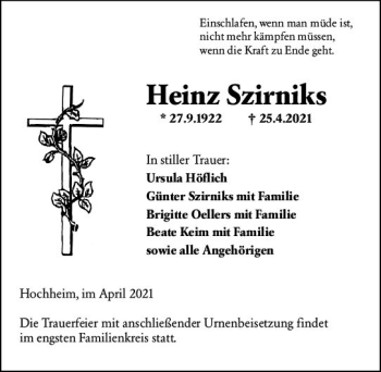 Traueranzeige von Heinz Szirniks von vrm-trauer