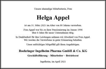 Traueranzeige von Helga Appel von vrm-trauer