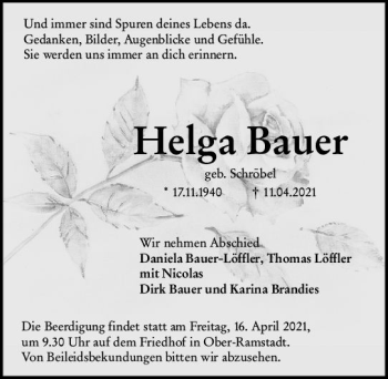 Traueranzeige von Helga Bauer von vrm-trauer