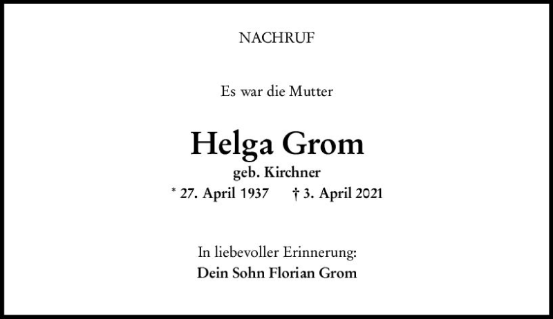  Traueranzeige für Helga Grom vom 24.04.2021 aus vrm-trauer
