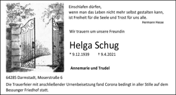 Traueranzeige von Helga Schug von vrm-trauer