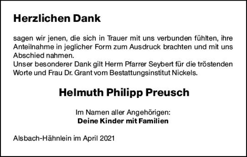  Traueranzeige für Helmuth Philipp Preusch vom 24.04.2021 aus vrm-trauer