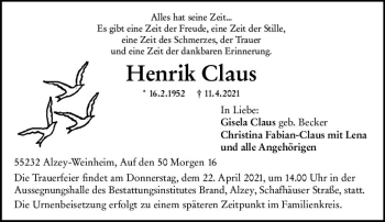 Traueranzeige von Henrik Claus von vrm-trauer