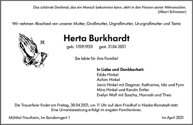  Traueranzeige für Herta Burkhardt vom 26.04.2021 aus vrm-trauer