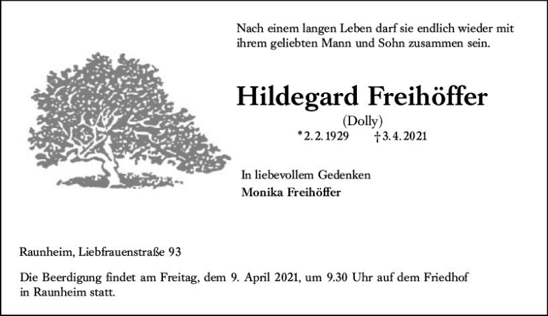  Traueranzeige für Hildegard Freihöffer vom 07.04.2021 aus vrm-trauer