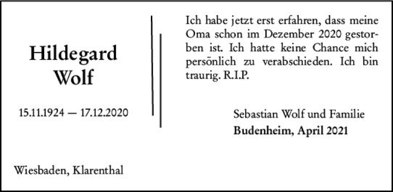  Traueranzeige für Hildegard Wolf vom 17.04.2021 aus vrm-trauer