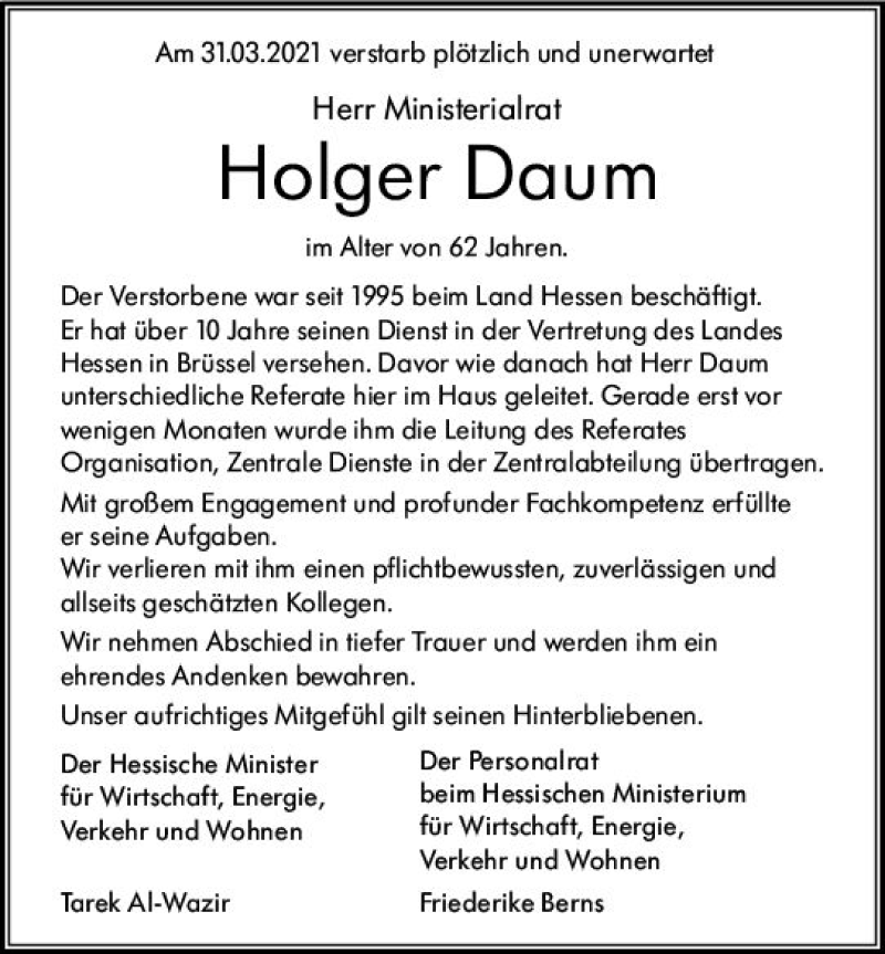  Traueranzeige für Holger Daum vom 10.04.2021 aus vrm-trauer