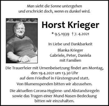 Traueranzeige von Horst Krieger von vrm-trauer