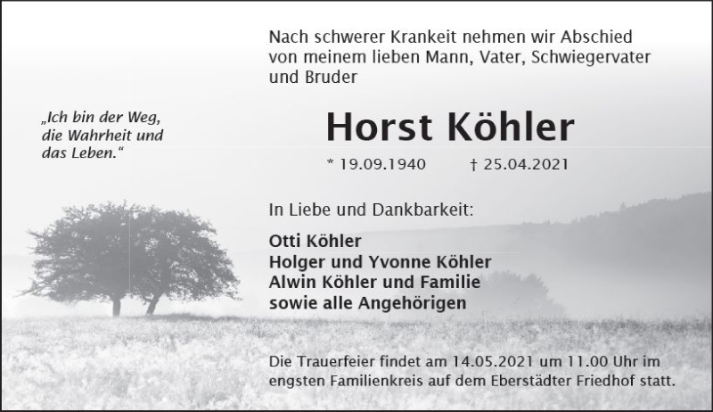  Traueranzeige für Horst Köhler vom 30.04.2021 aus vrm-trauer