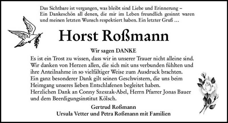  Traueranzeige für Horst Roßmann vom 24.04.2021 aus vrm-trauer