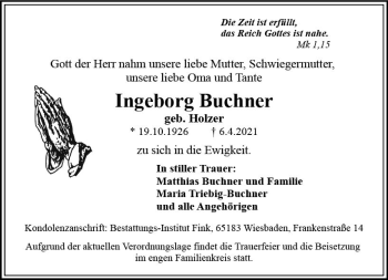 Traueranzeige von Ingeborg Buchner von vrm-trauer