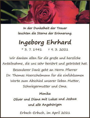 Traueranzeige von Ingeborg Ehrhard von vrm-trauer