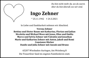 Traueranzeige von Ingo Zehner von vrm-trauer