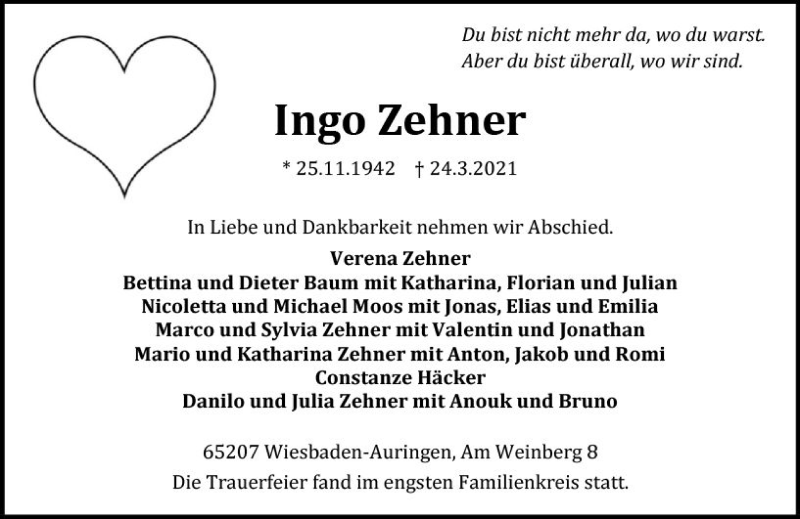  Traueranzeige für Ingo Zehner vom 03.04.2021 aus vrm-trauer