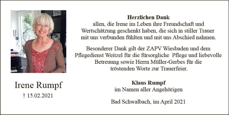  Traueranzeige für Irene Rumpf vom 17.04.2021 aus vrm-trauer